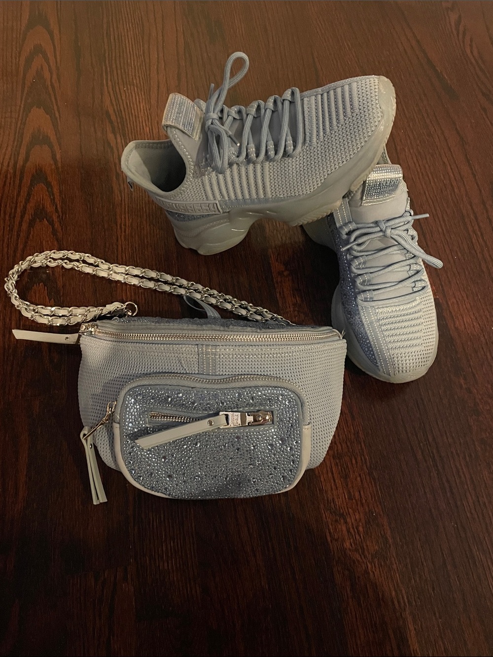 Steve Madden Light Blue Knit Sneakers with Matching Rhinestone Crossbody 8.5